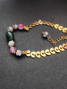 Gold Heart Chain Bracelet with Pink and Green Beads